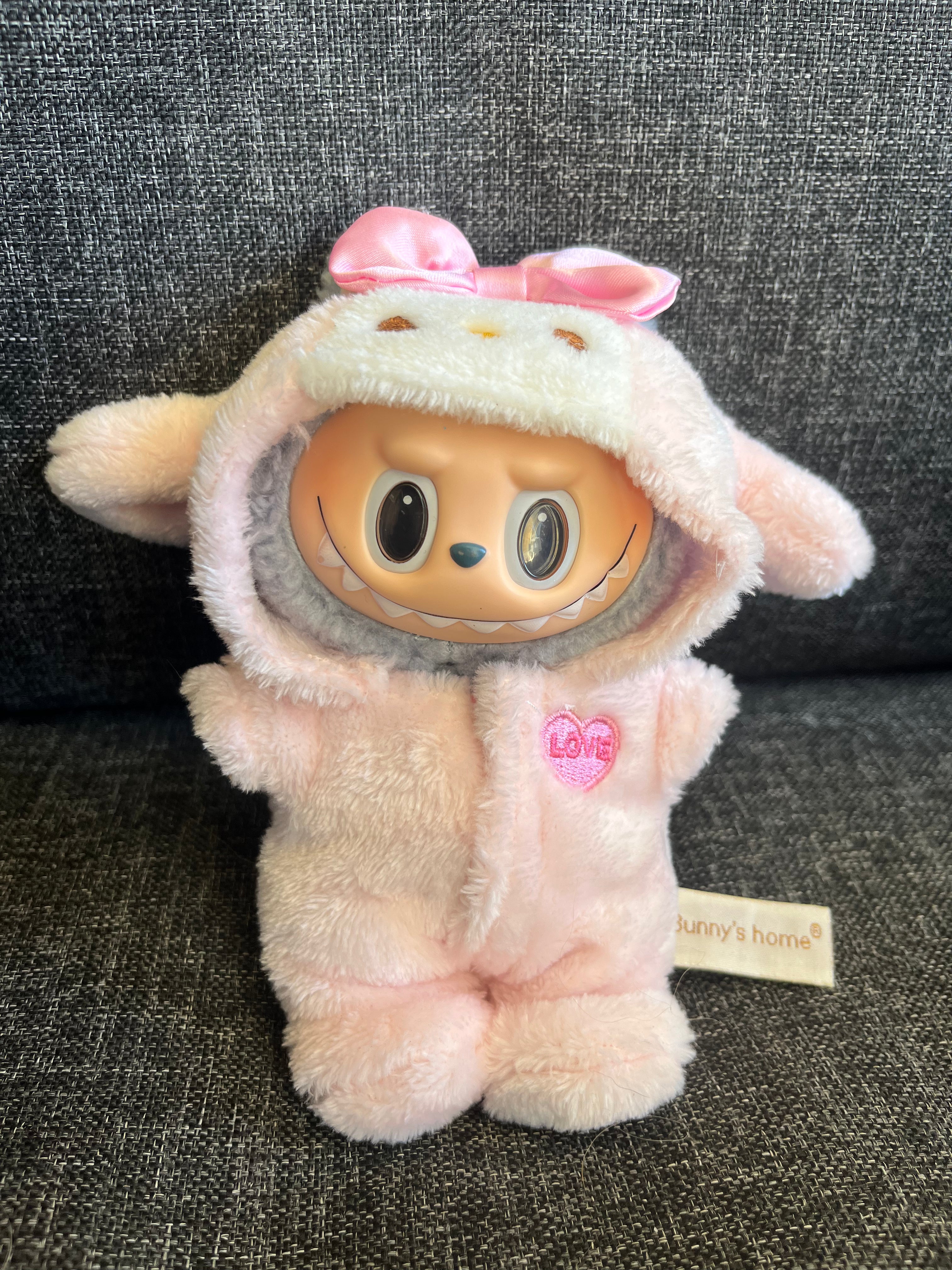 Labubu Fuzzy Pink Bunny Bow Hooded Onesie